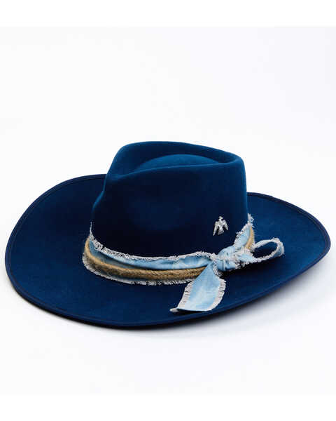 Shyanne Women's Rancher Denim Ribbon & Metal Phoenix Fedora Hat, Navy, hi-res