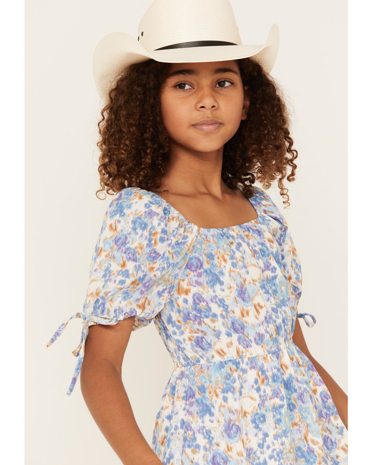 Image #2 - Hayden Girls' Floral Print Puff Sleeve Mini Dress, Blue, hi-res