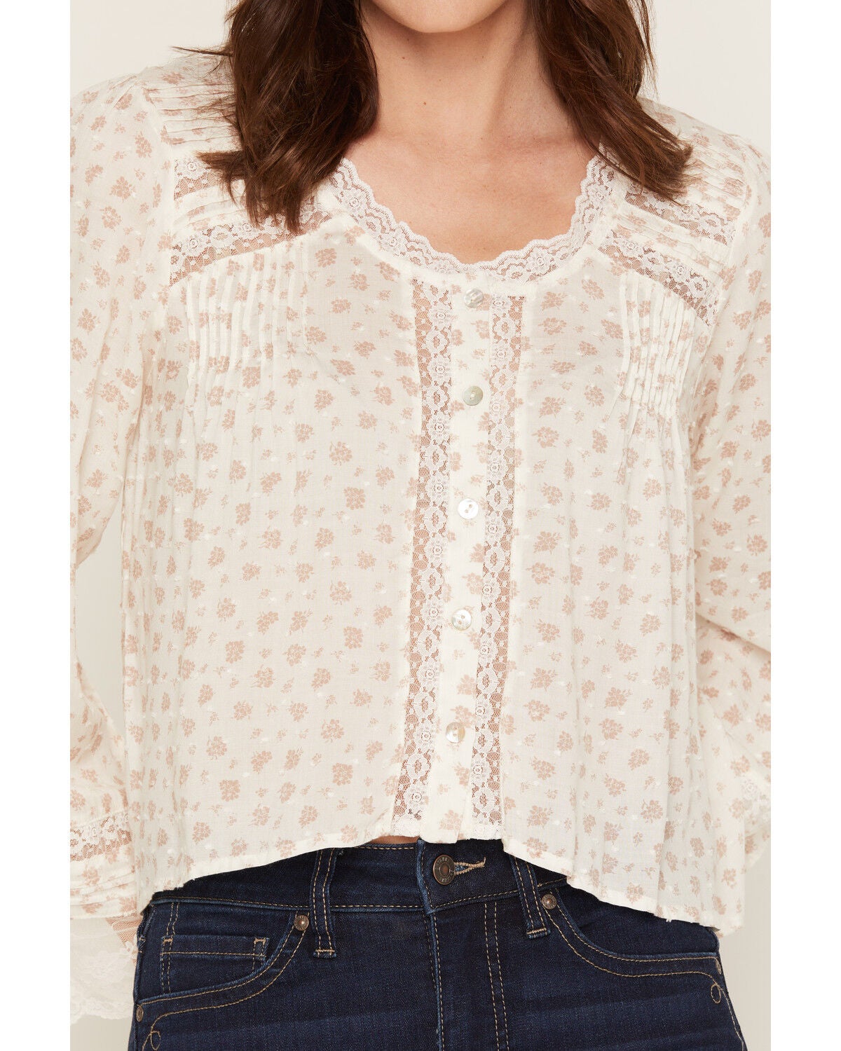 Image #3 - Wild Moss Women's Floral Lace Trim Top, Ivory, hi-res