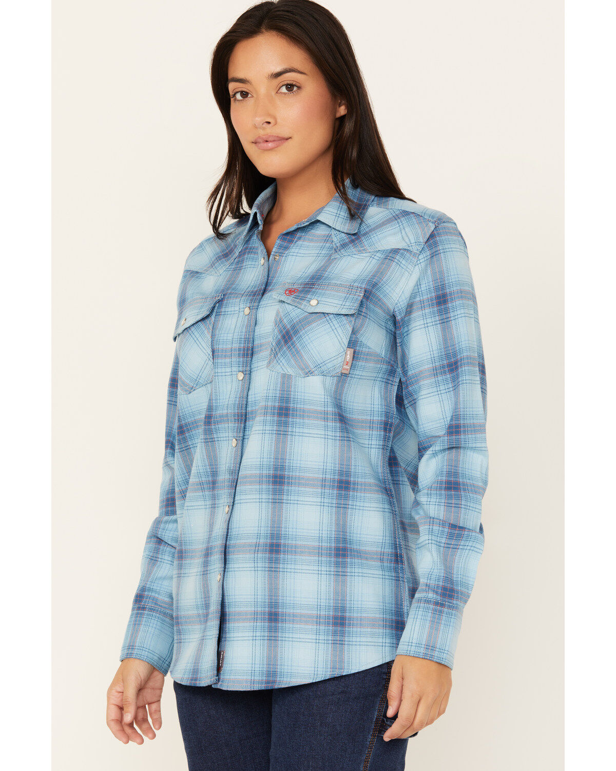 Image #2 - Ariat Women's FR Bonita Long Sleeve Snap Work Shirt, Blue, hi-res