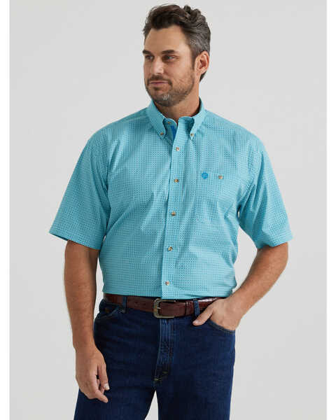 George Strait by Wrangler Men's Geo Print Short Sleeve Button-Down Stretch Western Shirt , Turquoise, hi-res