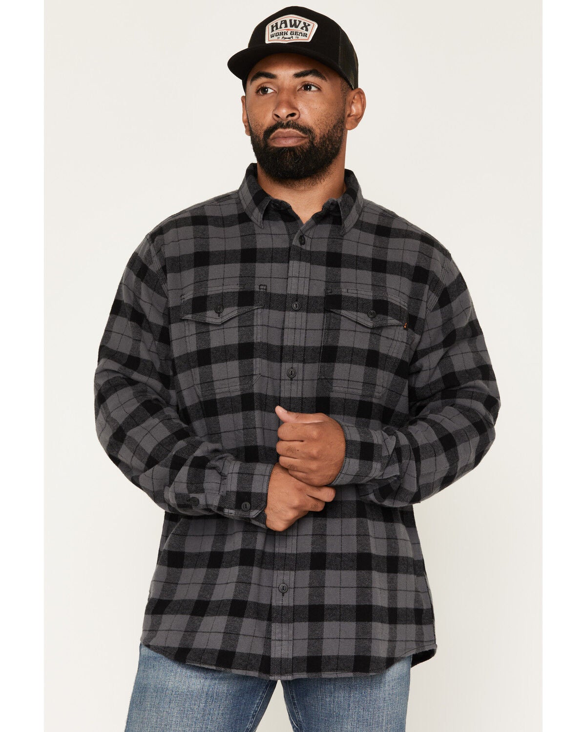 Image #1 - Hawx Men's Outlaw Plaid Print Long Sleeve Button-Down Flannel Work Shirt, Grey, hi-res