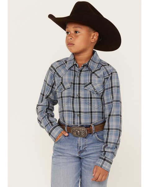 Cody James Boys' Plaid Print Long Sleeve Snap Western Flannel Shirt, Blue, hi-res