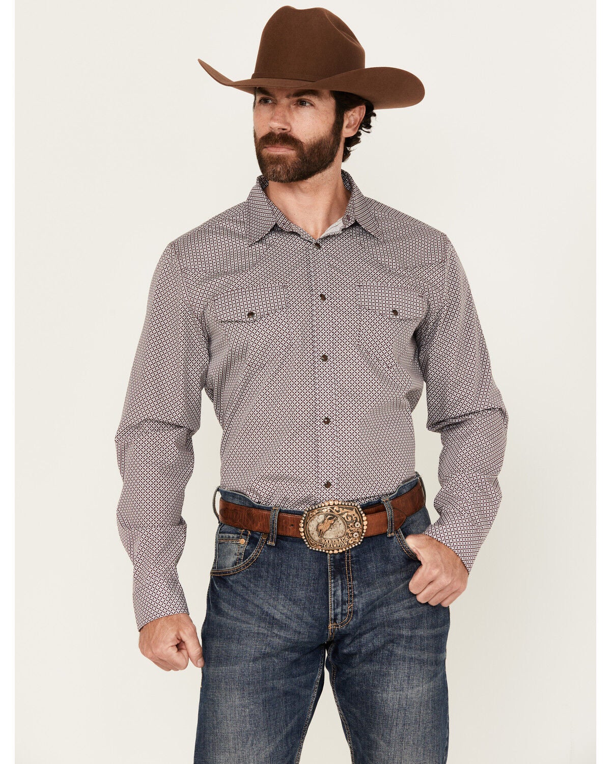 Gibson Trading Co Men's Star Struck Geo Print Long Sleeve Snap Western Shirt, Burgundy, hi-res