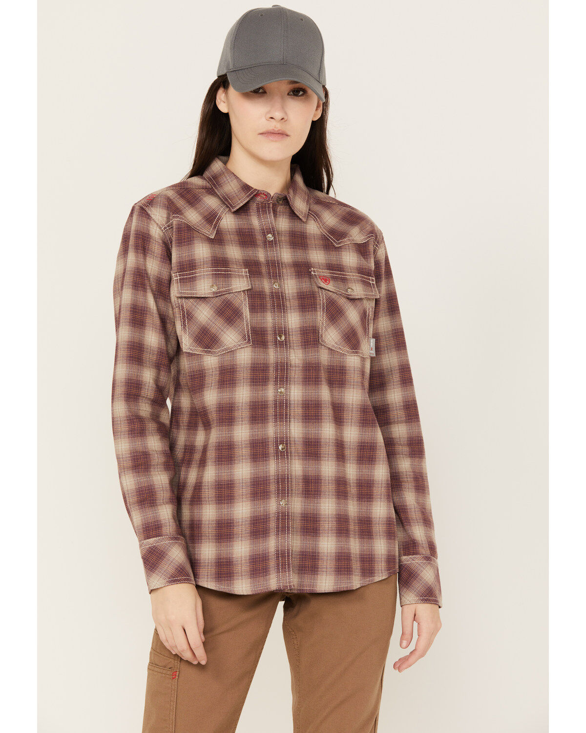 Image #1 - Ariat Women's Oakley FR Long Sleeve Plaid Print Snap Work Shirt, Beige, hi-res