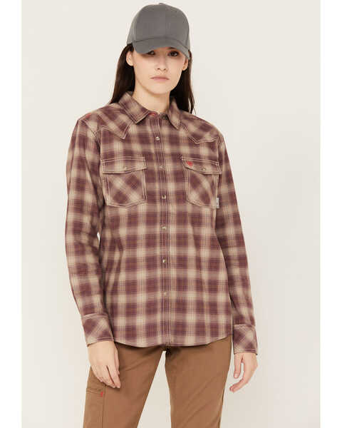 Ariat Women's Oakley FR Long Sleeve Plaid Print Snap Work Shirt, Beige, hi-res