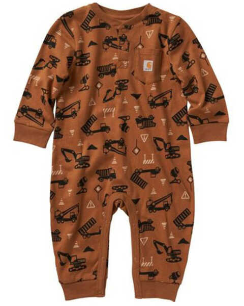 Carhartt Infant-Boys' Construction Print Long Sleeve Coverall Onesie, Brown, hi-res