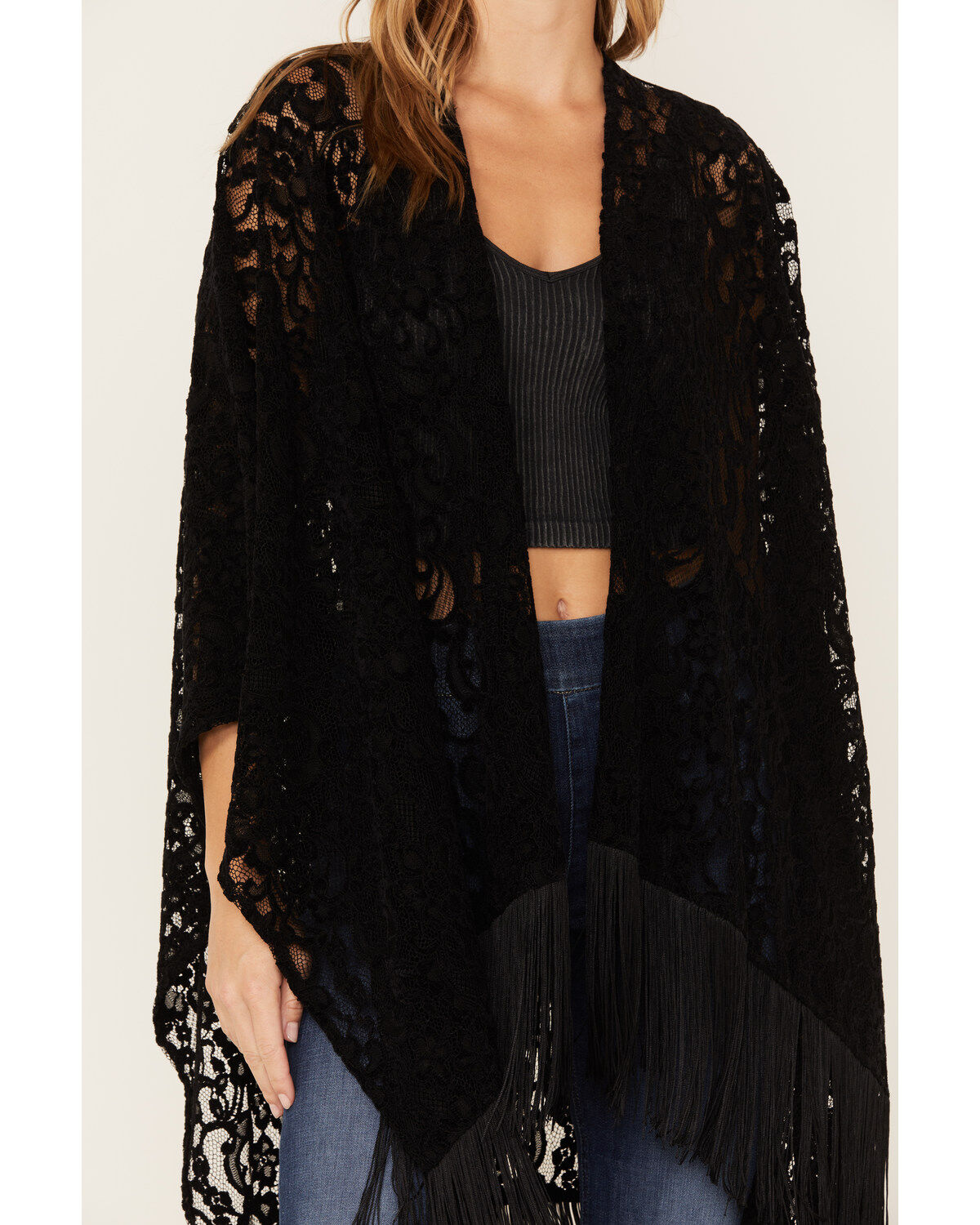 Image #3 - Shyanne Women's Floral Lace Fringe Shawl, Black, hi-res