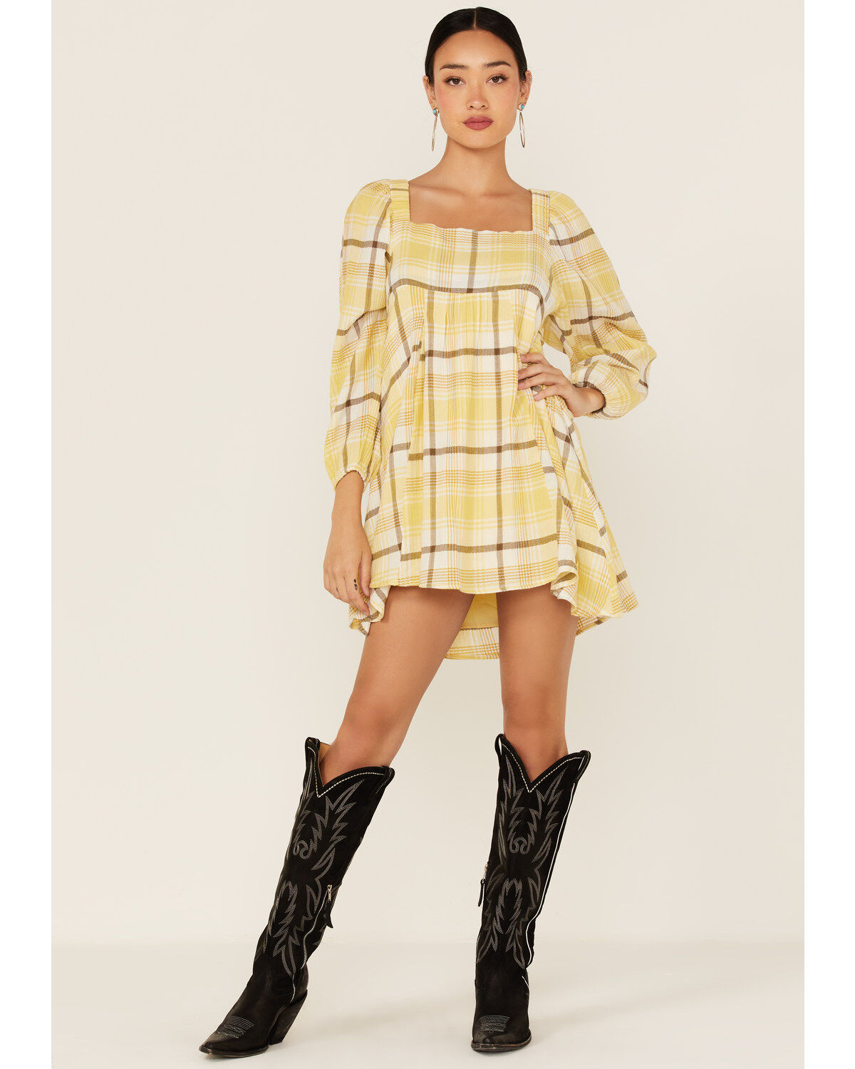 Image #2 - Miss Me Women's Plaid Print Babydoll Mini Dress, Yellow, hi-res