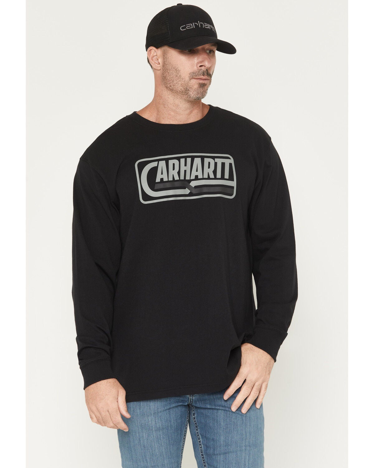 Carhartt Men's Loose Fit Heavyweight Logo Long Sleeve Graphic T-Shirt, Black, hi-res