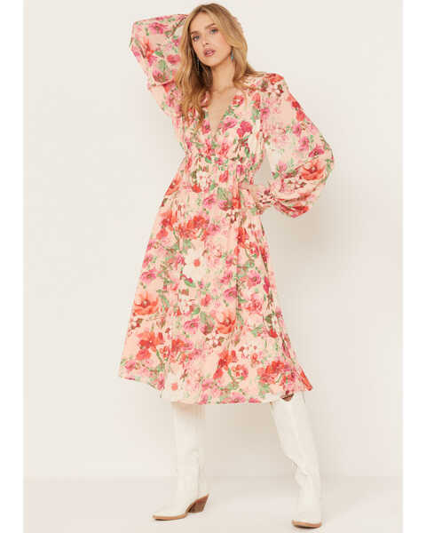 Flying Tomato Women's Floral Print Long Sleeve Midi Dress, Pink, hi-res