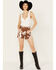 Image #1 - Blue B Women's High Rise Cow Print Belted Shorts, Brown, hi-res