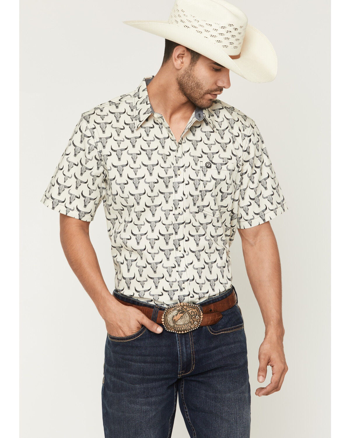 Cody James Men's Toro Steer Head Print Short Sleeve Button-Down Stretch Western Shirt, Tan, hi-res