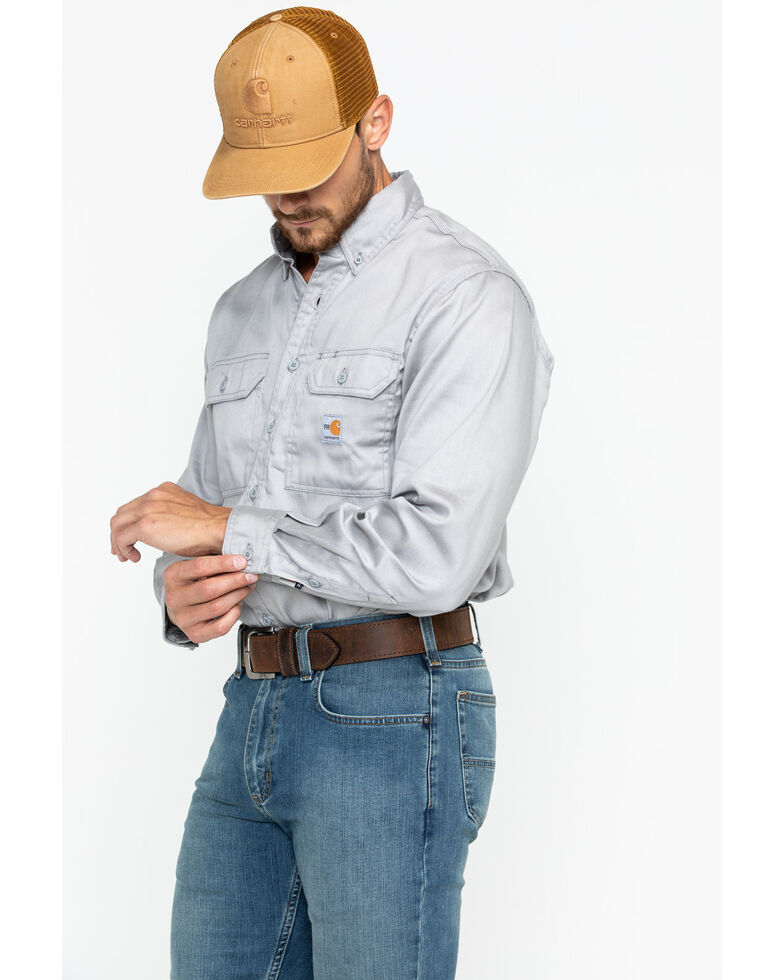 Carhartt Men's Flame Resistant Solid Twill Long Sleeve Work Shirt, Grey, hi-res