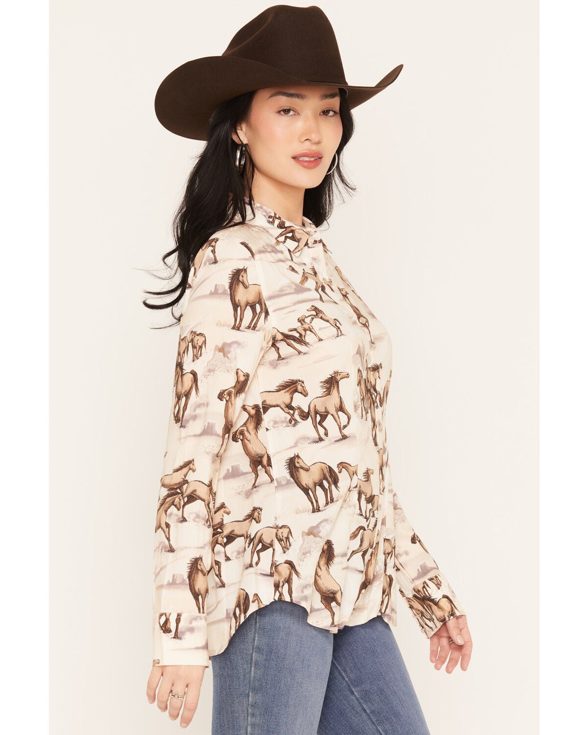 Image #2 - Lovlei Ranch Women's Cheyenne Wild and Free Horse Print Long Sleeve Pearl Snap Western Shirt, Ivory, hi-res