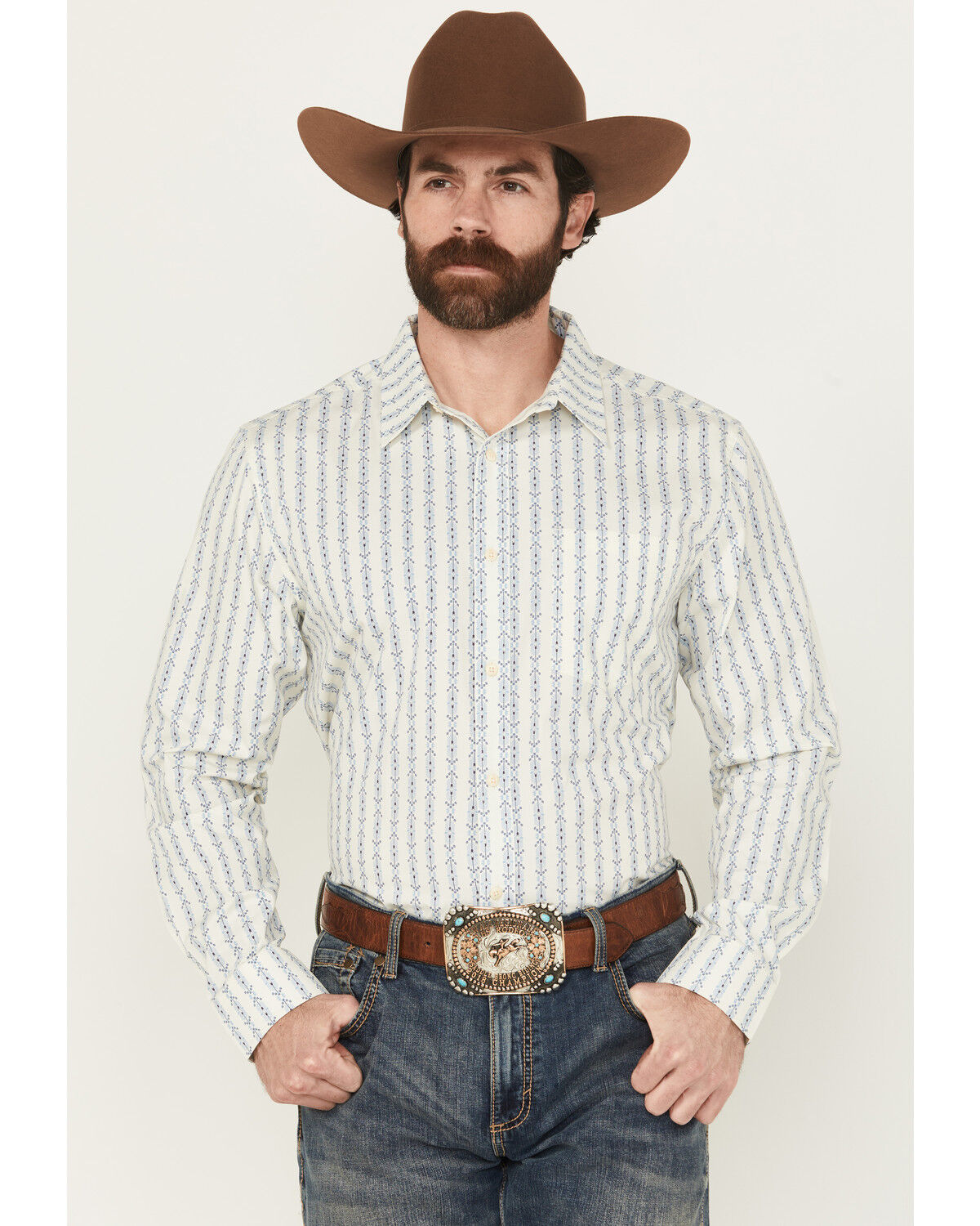 Image #1 - Gibson Trading Co Men's Luau Larry Geo Stripe Long Sleeve Button-Down Stretch Western Shirt - Big, Ivory, hi-res