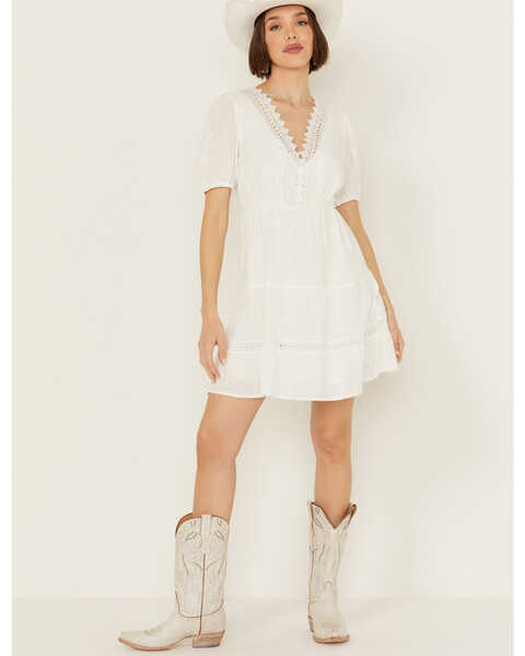 Yura Women's Lace Trim Short Sleeve Mini Dress , White, hi-res