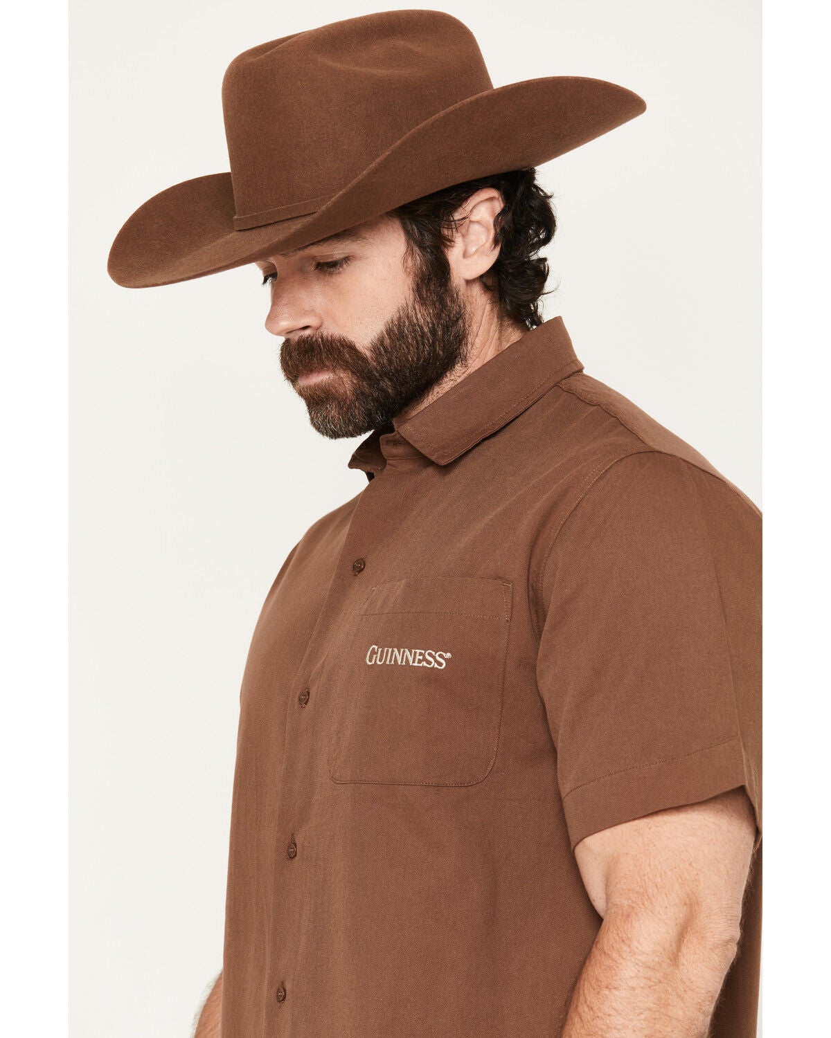Image #3 - Guinness Men's Boot Barn Exclusive Embroidered Short Sleeve Button-Down Shirt, Brown, hi-res