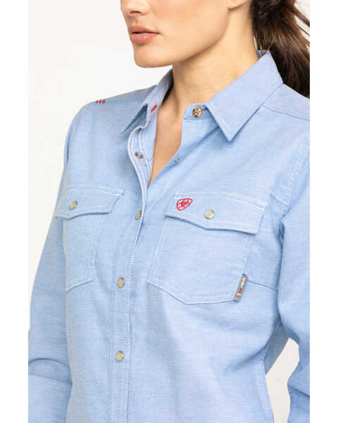 Ariat Women's FR Solid Durastretch Work Shirt, Blue, hi-res