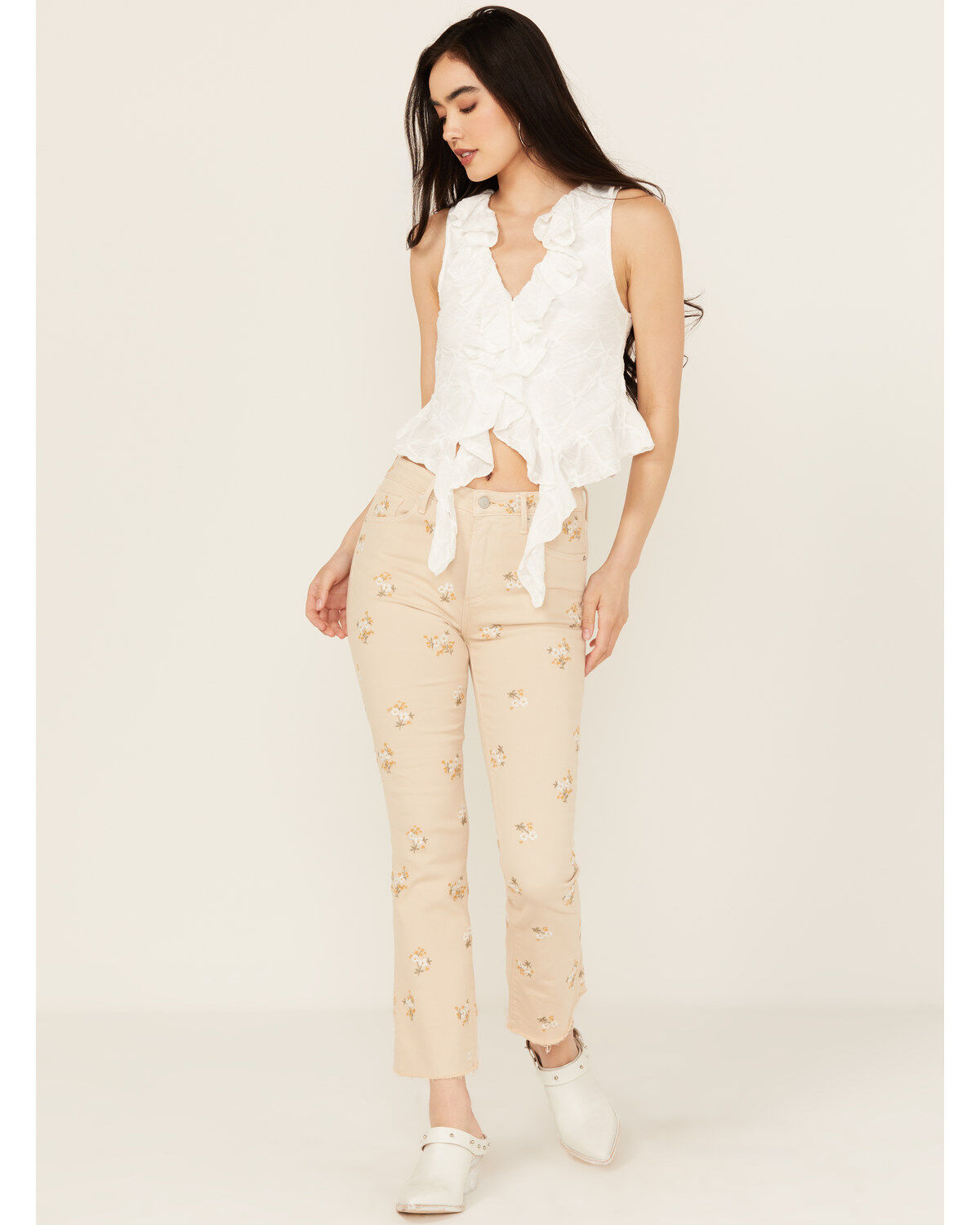 Image #1 - Driftwood Women's Roxy X Provence High Rise Floral Embroidered Cropped Straight Denim Jeans, Cream, hi-res