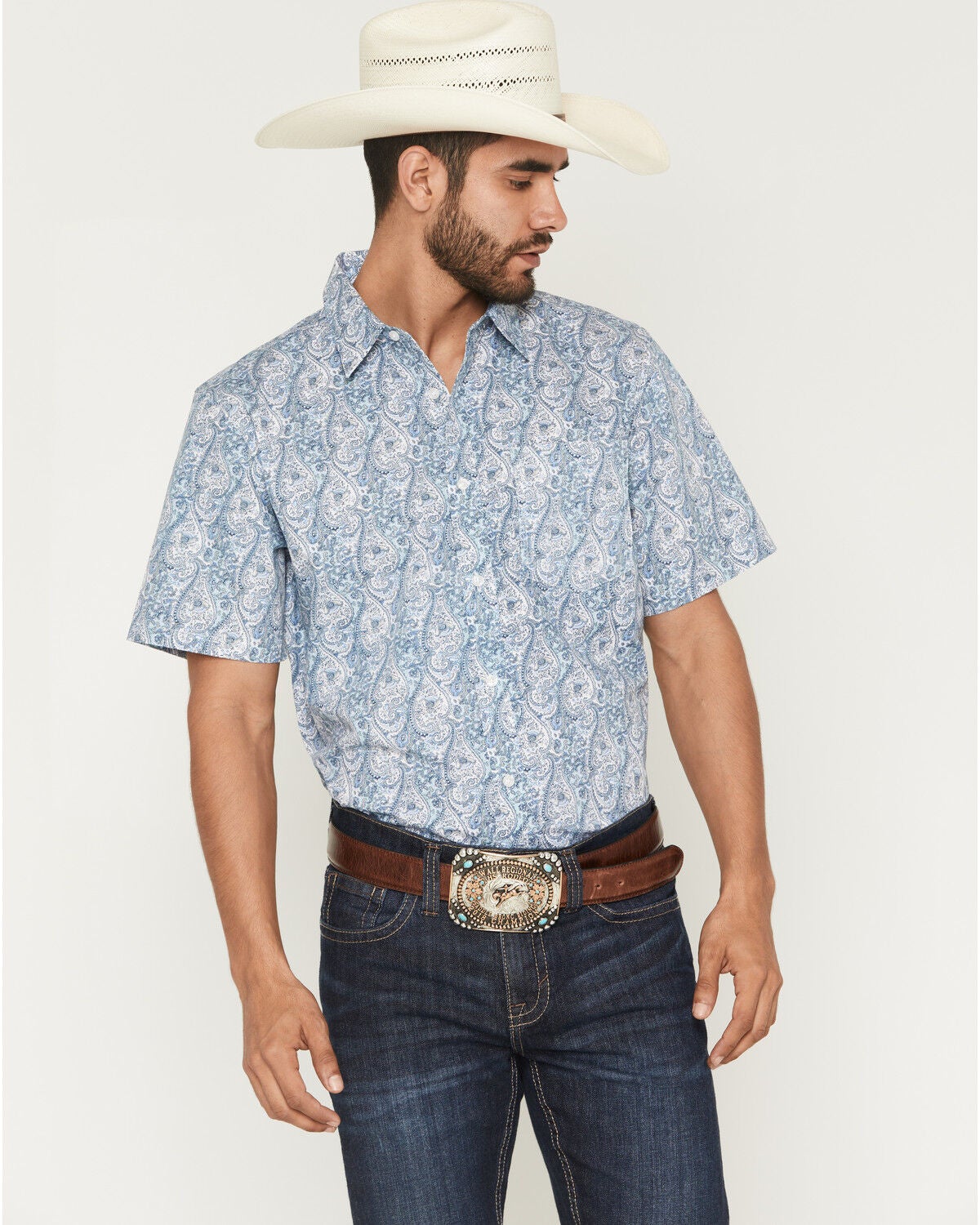 Gibson Trading Co Men's Kickin Daisies Paisley Print Short Sleeve Button-Down Western Shirt, Blue, hi-res
