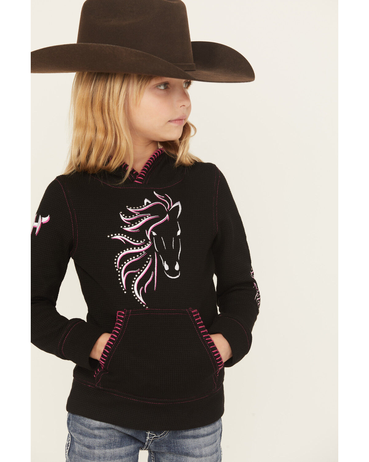 Image #1 - Cowgirl Hardware Girls' Blaze Horse Thermal Hoodie, Black, hi-res