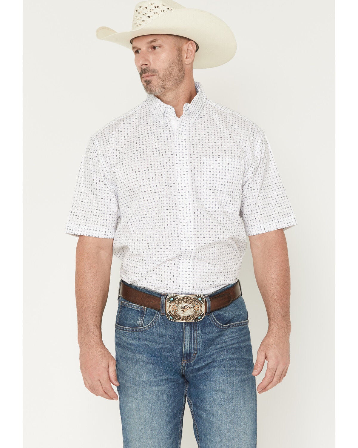 Image #1 - George Strait by Wrangler Men's Geo Print Short Sleeve Button-Down Stretch Western Shirt - Tall, White, hi-res