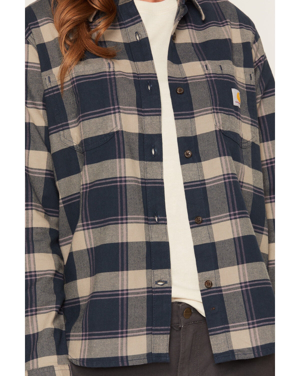 Image #3 - Carhartt Women's Rugged Flex Hamilton Plaid Print Relaxed Long Sleeve Button-Down Flannel Shirt, Blue, hi-res