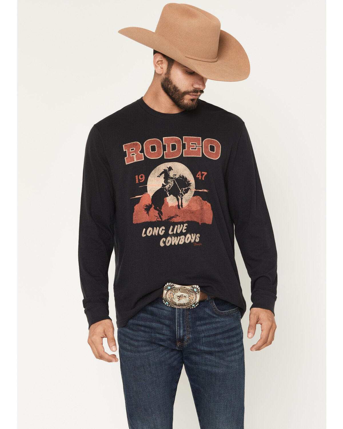 Wrangler Men's Rodeo Long Sleeve Graphic T-Shirt, Black, hi-res