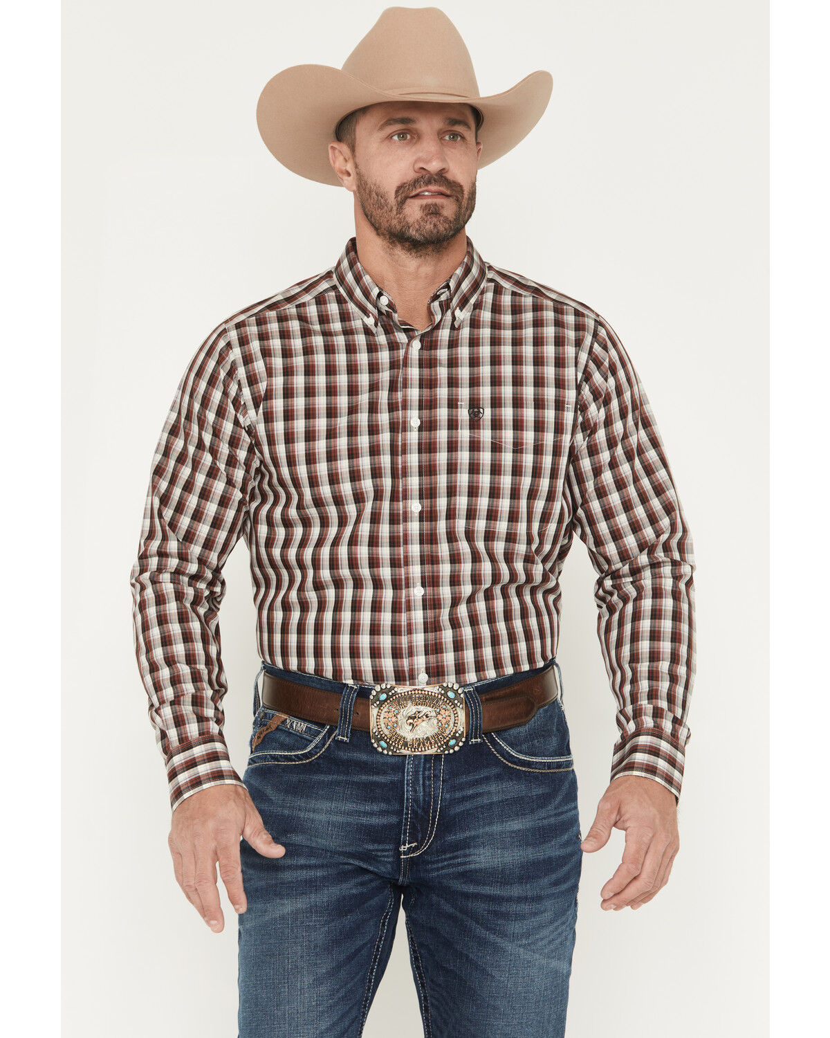 Image #1 - Ariat Men's Wrinkle Free Atlas Plaid Print Fitted Long Sleeve Button-Down Western Shirt, Brown, hi-res