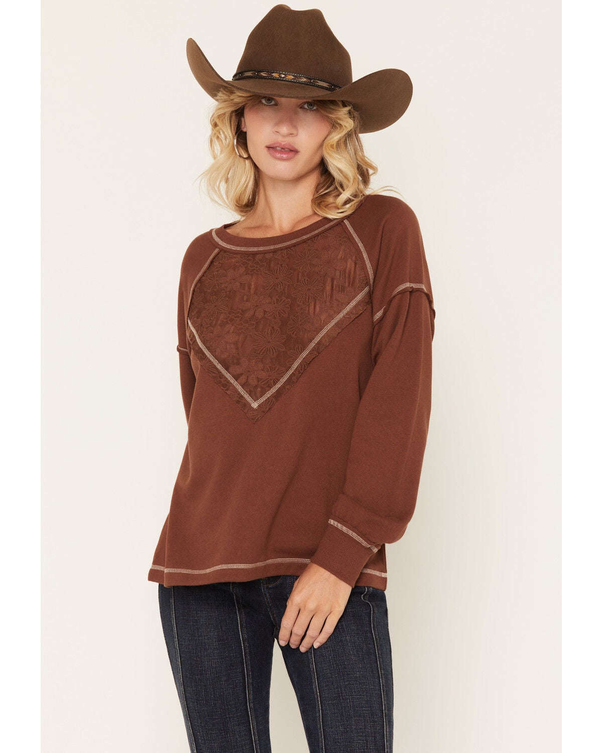 Image #1 - Blended Women's Lace V Long Sleeve Top, Chocolate, hi-res