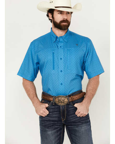 Image #1 - Ariat Men's VentTek Diamond Geo Print Short Sleeve Button-Down Performance Western Shirt - Tall , Blue, hi-res