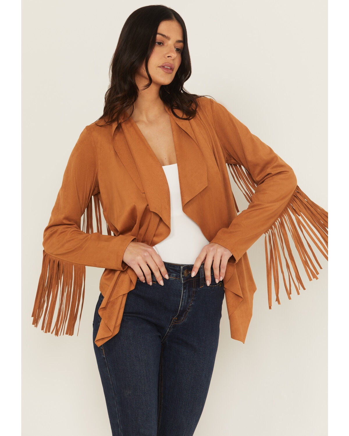 Shyanne Women's Cascade Front Fringe Faux Suede Fringe Jacket, Pecan, hi-res