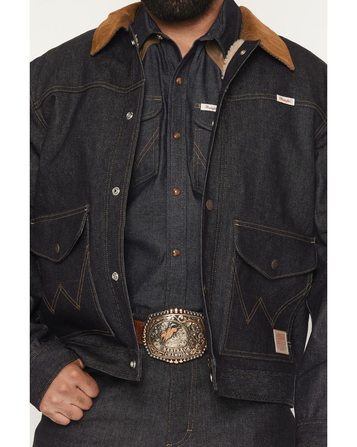 Image #3 - Wrangler X Filson Men's Sherpa Lined Denim Trucker Jacket, Indigo, hi-res