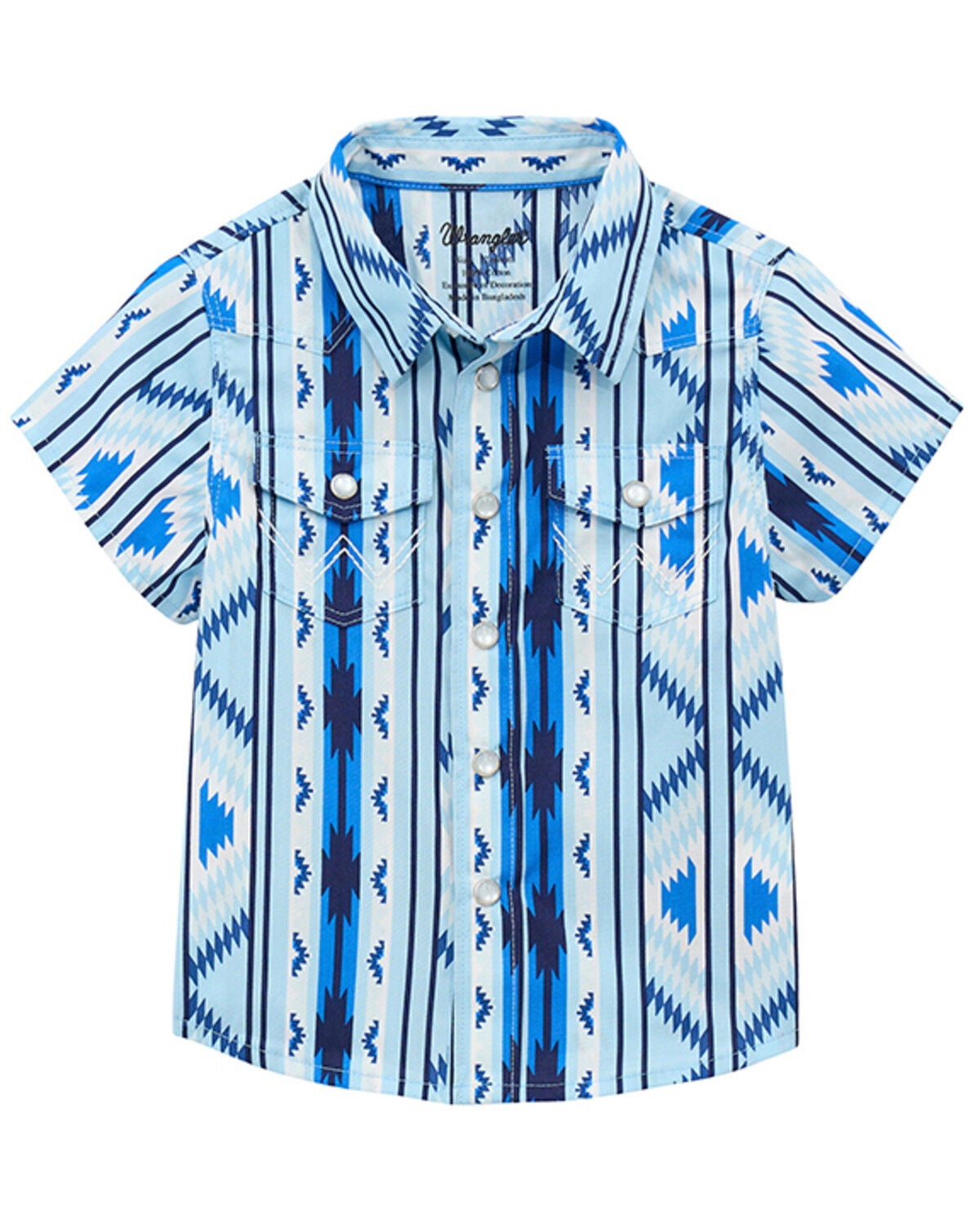 Wrangler Toddler Boys' Southwestern Stripe Short Sleeve Snap Western Shirt, Blue, hi-res