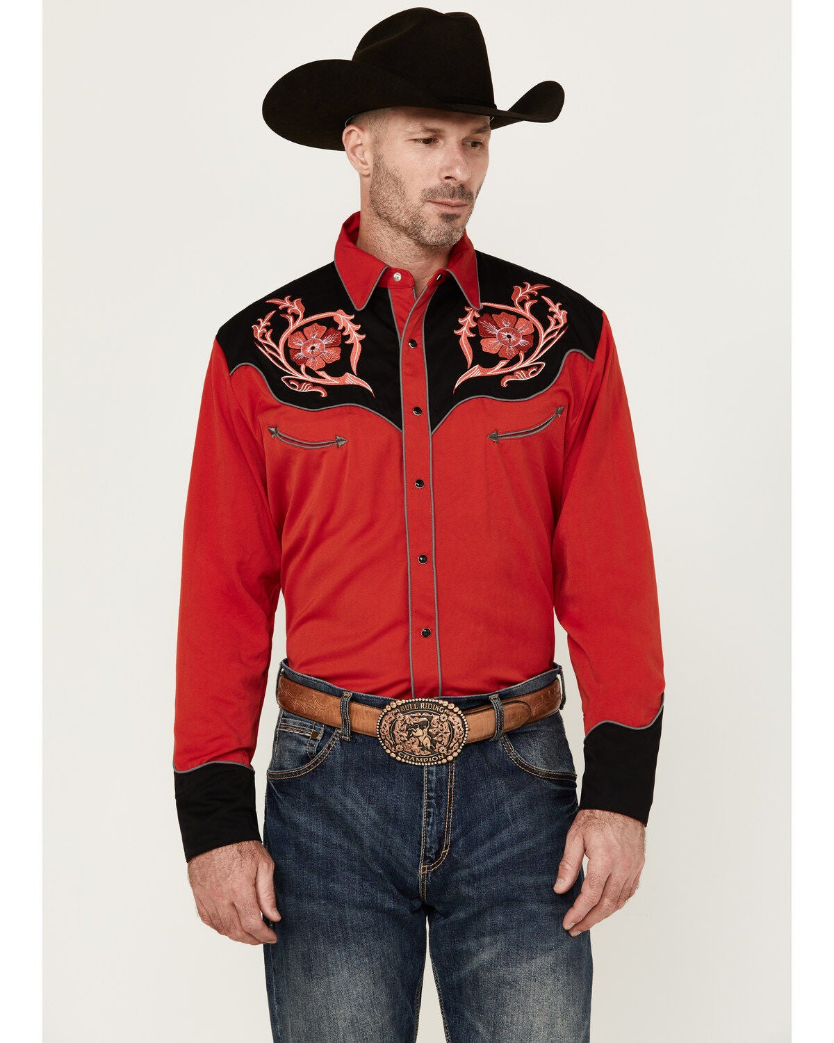 Scully Men's Floral Embroidered Long Sleeve Snap Western Shirt, Red, hi-res