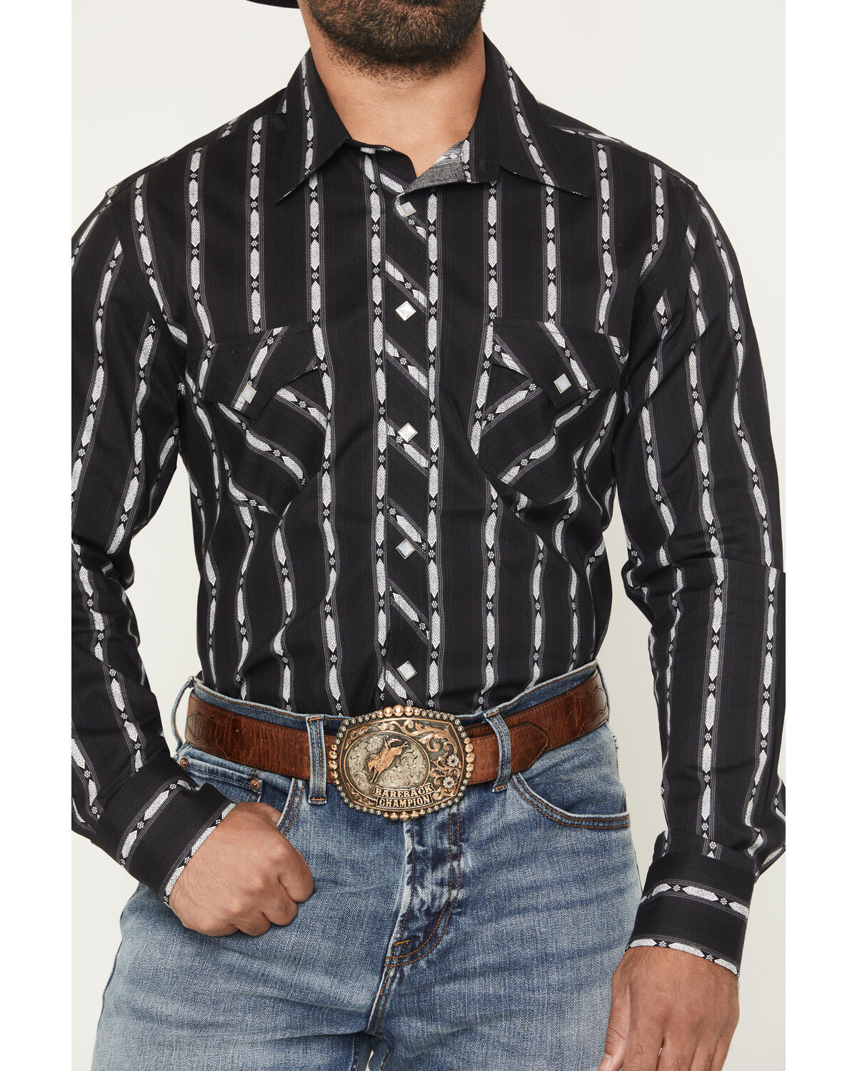 Image #3 - Rock & Roll Denim Men's Striped Print Long Sleeve Snap Stretch Western Shirt, Black, hi-res