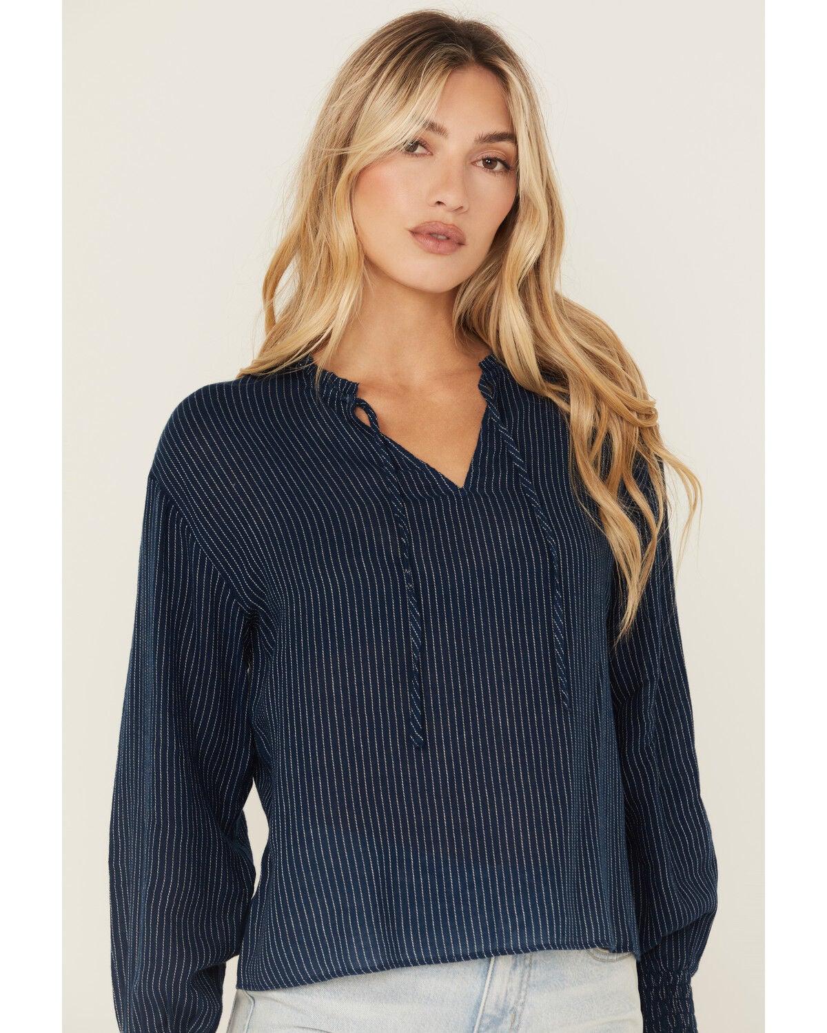 Cleo + Wolf Women's Striped Long Sleeve Peasant Top, Navy, hi-res