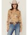 Image #1 - Shyanne Women's Conversational Western Print Faux Suede Long Sleeve Button-Down Western Shirt, Khaki, hi-res