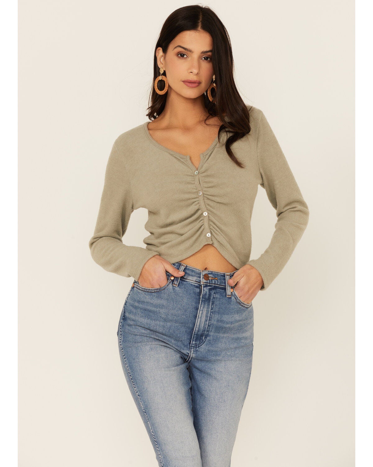 Image #1 - Wild Moss Women's Long Sleeve Super Soft Button Cinch Front Knit Top, , hi-res