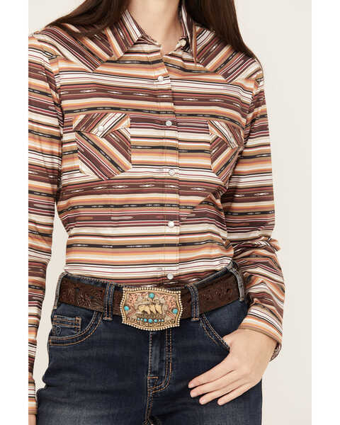 Rough Stock by Panhandle Women's Southwestern Striped Long Sleeve Western Pearl Snap Shirt, Brown, hi-res