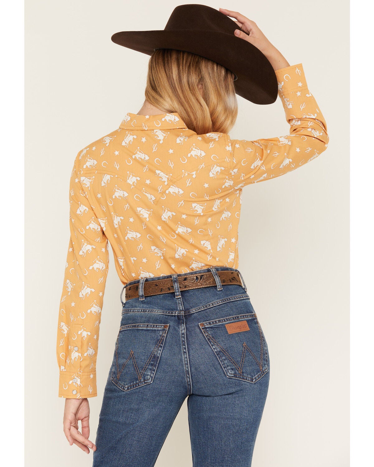 Image #4 - Wrangler Retro Women's Boot Barn Exclusive Rider Long Sleeve Snap Western Shirt, Mustard, hi-res
