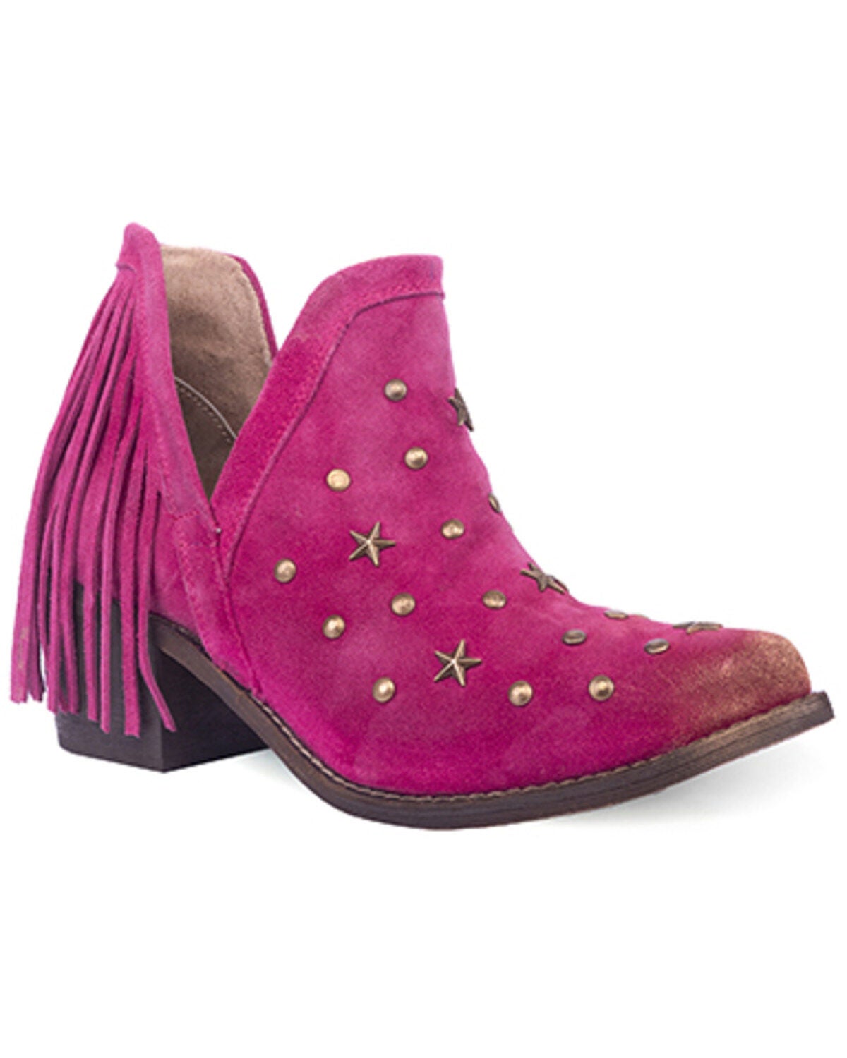 Circle G Women's Fringe Studded Roughout Booties - Round Toe, Pink, hi-res