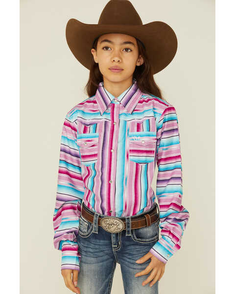 Cowboy Hardware Girls' Striped Western Long Sleeve Shirt, Pink, hi-res