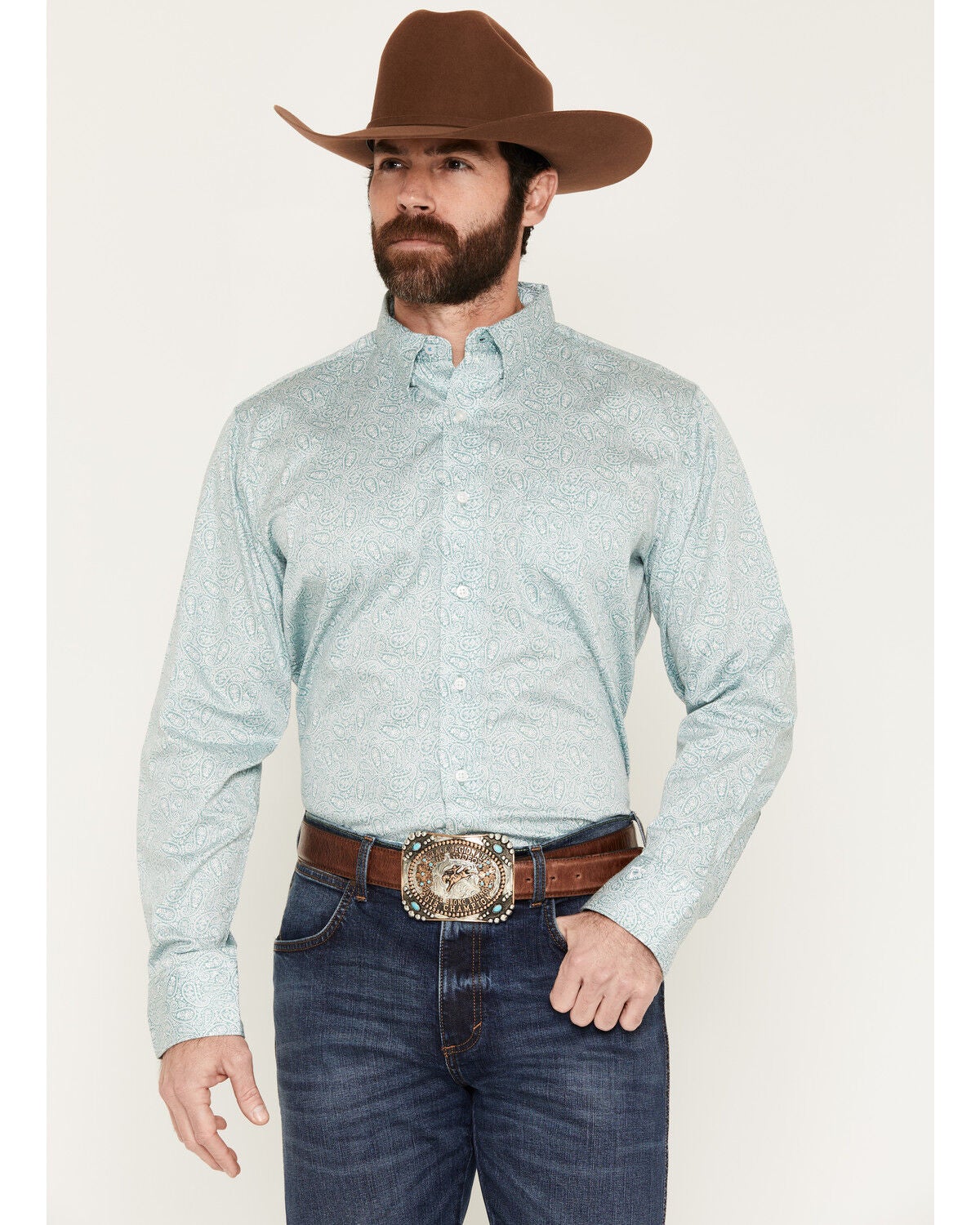 Wrangler X Cody Johnson Men's Paisley Print Long Sleeve Button-Down Western Shirt, Green, hi-res