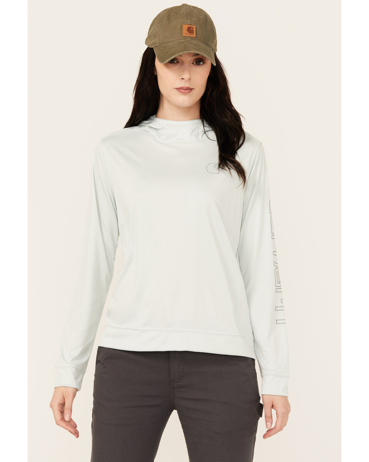 Image #1 - Carhartt Women's Force Sun Defender Relaxed Fit Lightweight Logo Hooded Graphic Long Sleeve, Seafoam, hi-res