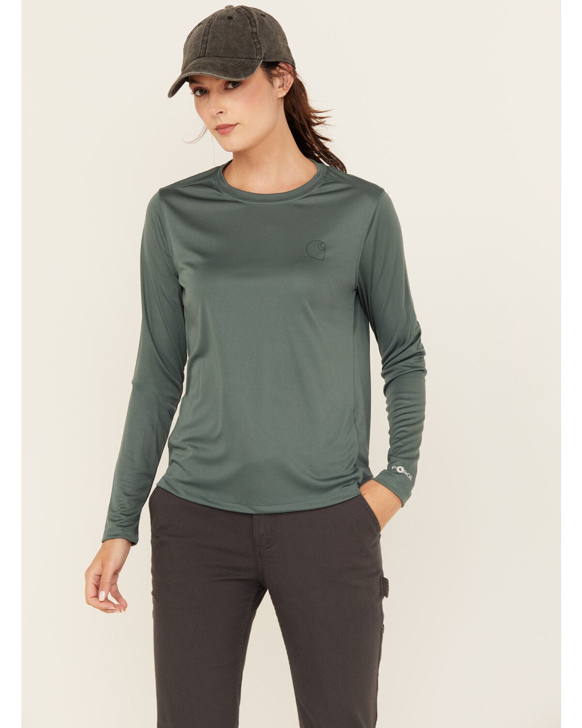 Carhartt Women's Force Sun Defender Logo Relaxed Fit Long Sleeve Graphic Tee, Forest Green, hi-res
