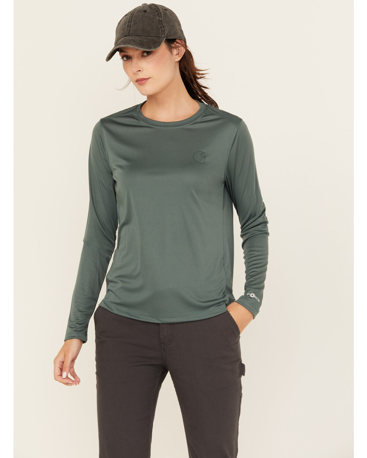 Image #1 - Carhartt Women's Force Sun Defender Logo Relaxed Fit Long Sleeve Graphic Tee, Forest Green, hi-res