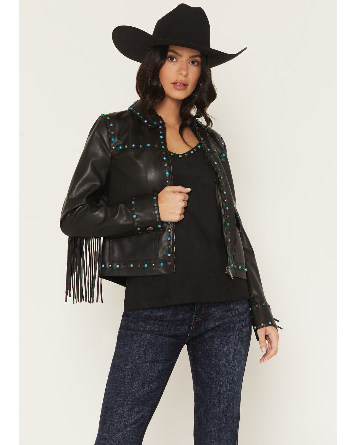 Image #1 - Idyllwind Women's Nance Studded Fringe Faux Leather Jacket, Black, hi-res