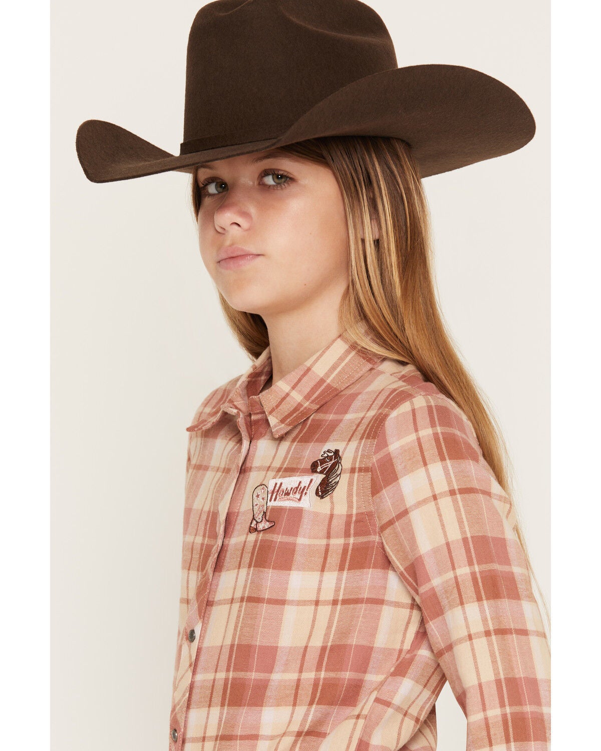 Image #2 - Shyanne Girls' Blair Plaid Print Embroidered Long Sleeve Snap Flannel Shirt, Rose, hi-res